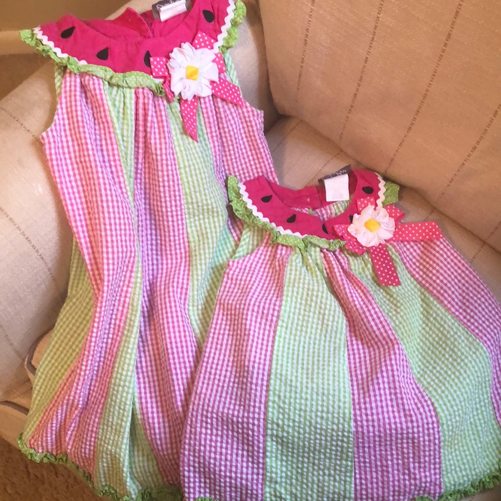Watermelon seersucker sibling set-sizes 5 and 18m